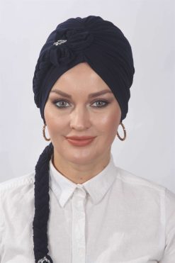 Çiçekli Örgülü Hazır Bone  Lacivert