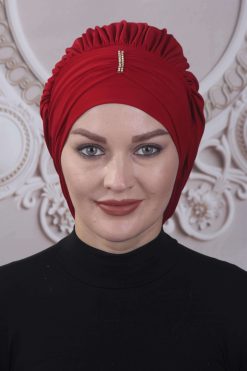 Dökümlü Taşlı Hazır Bone  Kırmızı