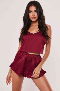 Merry See Saten Şortlu Pijama Takım Bordo - Görsel 3