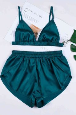Merry See Saten Sütyen Şort Pijama Takım Yeşil - Görsel 4