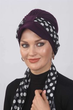 Puantiyeli Fularlı Şapka Bone  Mürdüm