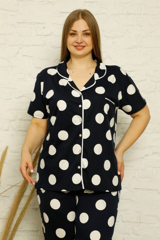 Moda Çizgi Kadın Pamuklu Cepli Kısa Kol Büyük Beden Pijama Takım 202123
