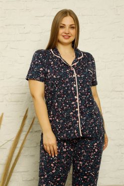 Moda Çizgi Kadın Pamuklu Cepli Kısa Kol Büyük Beden Pijama Takım 202124