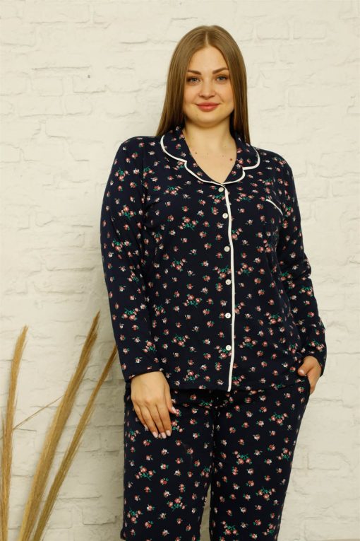 Moda Çizgi Kadın Pamuklu Cepli Uzun Kol Büyük Beden Pijama Takım 202127
