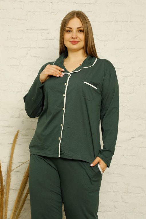 Moda Çizgi Kadın Pamuklu Cepli Uzun Kol Büyük Beden Pijama Takım 202129