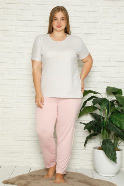Moda Çizgi Kadın %100 Pamuk Cepli Kısa Kol Büyük Beden Pijama Takım 202109