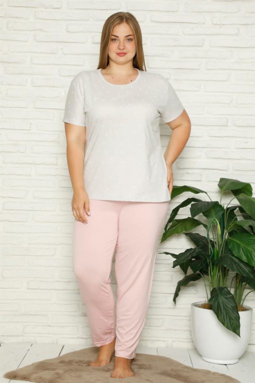 Moda Çizgi Kadın %100 Pamuk Cepli Kısa Kol Büyük Beden Pijama Takım 202109