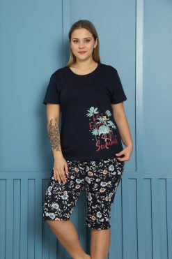 Moda Çizgi Kadın %100 Pamuk Kapri Büyük Beden Pijama Takım 202151