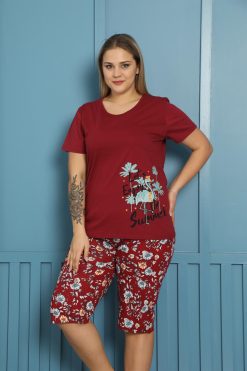 Moda Çizgi Kadın %100 Pamuk Kapri Büyük Beden Pijama Takım 202152