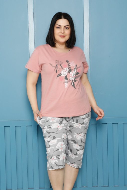 Moda Çizgi Kadın %100 Pamuk Kapri Büyük Beden Pijama Takım 202161