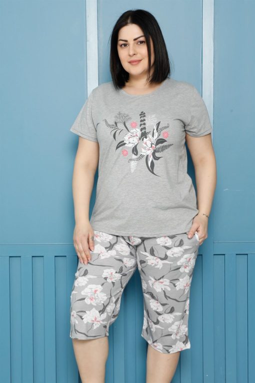 Moda Çizgi Kadın %100 Pamuk Kapri Büyük Beden Pijama Takım 202162