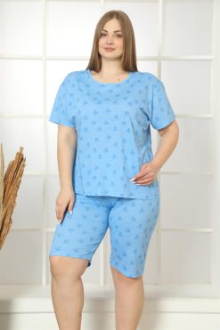 Moda Çizgi Kadın %100 Pamuk Kapri Büyük Beden Pijama Takım 202165