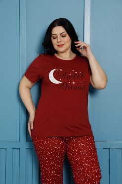 Kadın %100 Pamuk Kısa Kol Büyük Beden Pijama Takım 202136