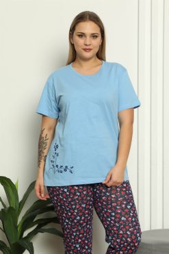 Moda Çizgi Kadın %100 Pamuk Kısa Kol Büyük Beden Pijama Takım 202142