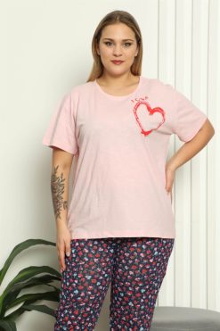 Moda Çizgi Kadın %100 Pamuk Kısa Kol Büyük Beden Pijama Takım 202143