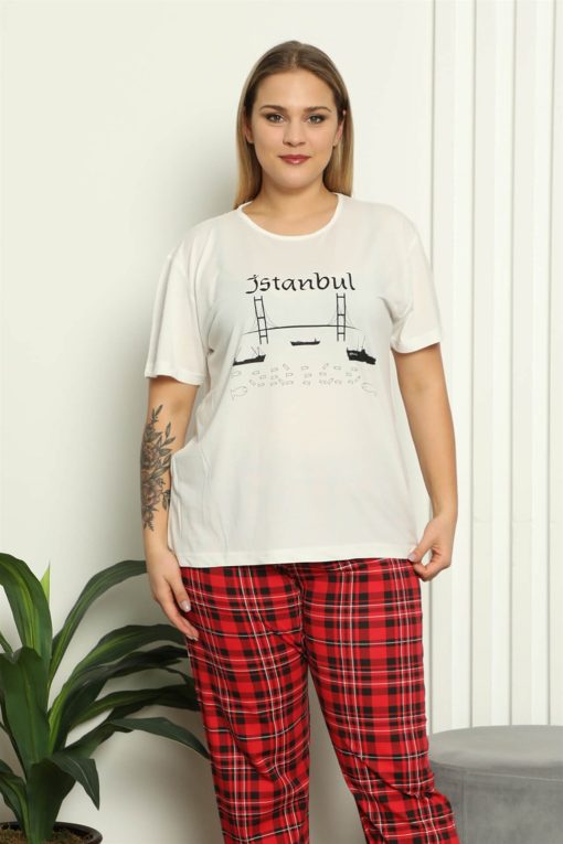 Moda Çizgi Kadın %100 Pamuk Kısa Kol Büyük Beden Pijama Takım 202146