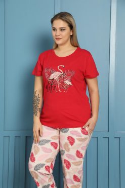 Moda Çizgi Kadın %100 Pamuk Kısa Kol Büyük Beden Pijama Takım 202153