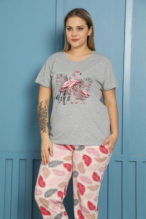 Moda Çizgi Kadın %100 Pamuk Kısa Kol Büyük Beden Pijama Takım 202154