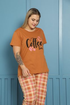 Moda Çizgi Kadın %100 Pamuk Kısa Kol Büyük Beden Pijama Takım 202155