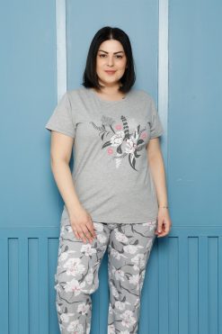 Moda Çizgi Kadın %100 Pamuk Kısa Kol Büyük Beden Pijama Takım 202157
