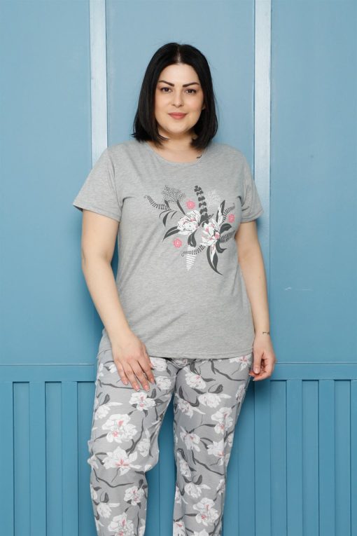 Moda Çizgi Kadın %100 Pamuk Kısa Kol Büyük Beden Pijama Takım 202157