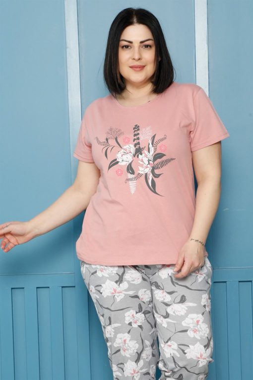 Moda Çizgi Kadın %100 Pamuk Kısa Kol Büyük Beden Pijama Takım 202158