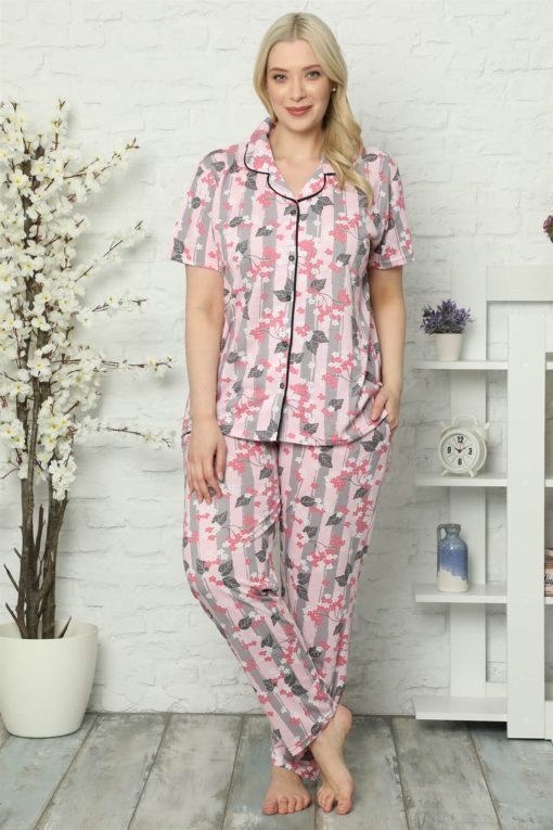 Kadın Pamuklu Cepli Kısa Kol Büyük Beden Pijama Takım 202027