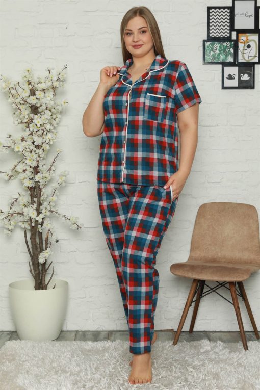 Moda Çizgi Kadın Pamuklu Cepli Kısa Kol Büyük Beden Pijama Takım 202065