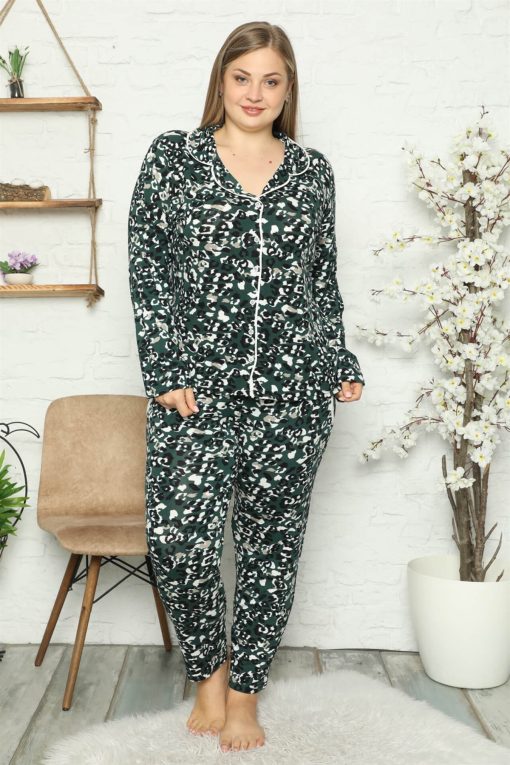 Moda Çizgi Kadın Pamuklu Cepli Uzun Kol Büyük Beden Pijama Takım 202046
