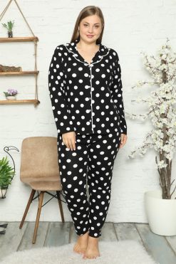 Moda Çizgi Kadın Pamuklu Cepli Uzun Kol Büyük Beden Pijama Takım 202048
