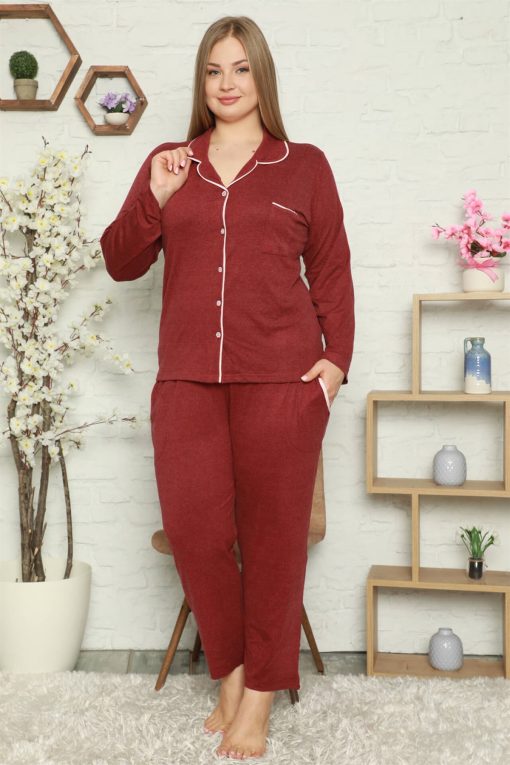 Moda Çizgi Kadın Pamuklu Cepli Uzun Kol Büyük Beden Pijama Takım 202051