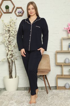 Moda Çizgi Kadın Pamuklu Cepli Uzun Kol Büyük Beden Pijama Takım 202052