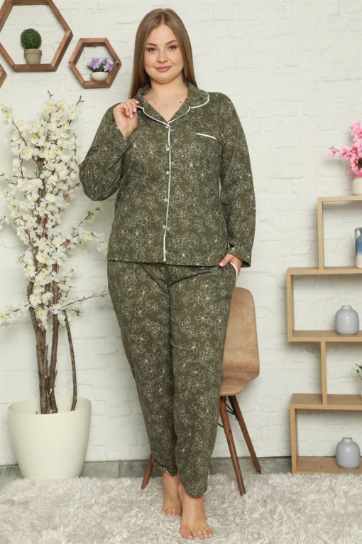 Moda Çizgi Kadın Pamuklu Cepli Uzun Kol Büyük Beden Pijama Takım 202055