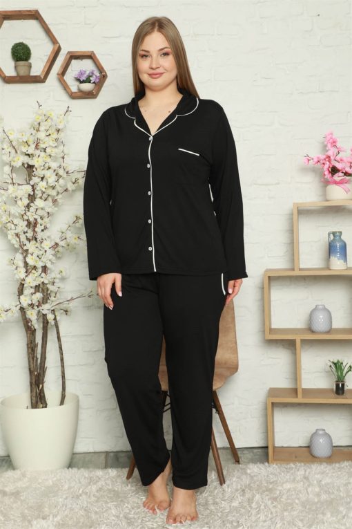 Moda Çizgi Kadın Pamuklu Cepli Uzun Kol Büyük Beden Pijama Takım 202057