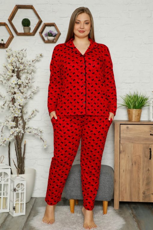 Moda Çizgi Kadın Pamuklu Cepli Uzun Kol Büyük Beden Pijama Takım 202097
