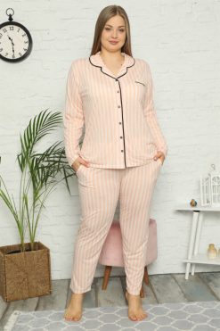 Moda Çizgi Kadın Pamuklu Cepli Uzun Kol Büyük Beden Pijama Takım 202098