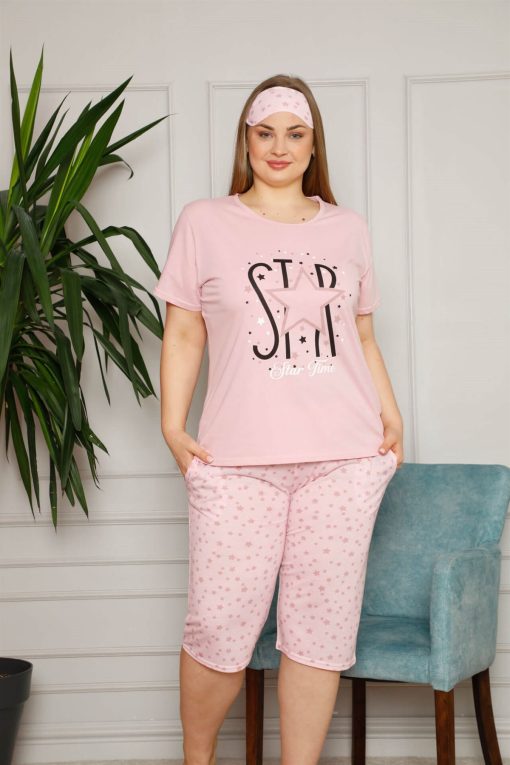 Kadın Pamuklu Kısa Kol Büyük Beden Kapri Pijama Takım 202088