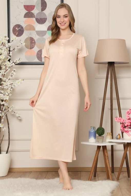 Moda Çizgi  Ten Renk Penye Kısa Kol Uzun Gecelik 938