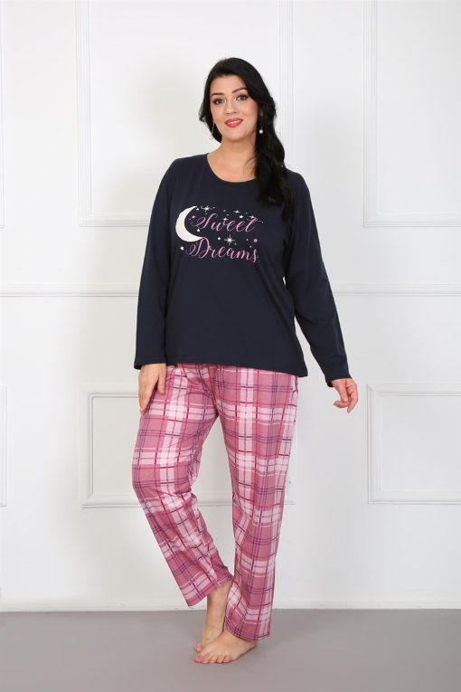 Moda Çizgi Kadın %100 Pamuk Büyük Beden Pijama Takım 202175