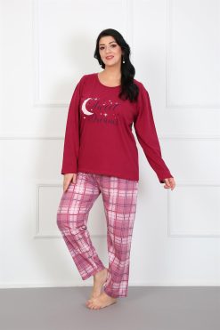 Moda Çizgi Kadın %100 Pamuk Büyük Beden Pijama Takım 202177