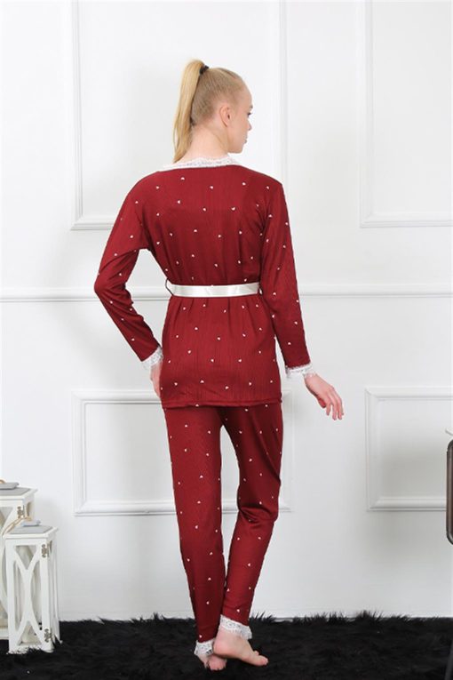 Moda Çizgi Kadın 3'lü Bordo Sabahlık Pijama Takım 16103