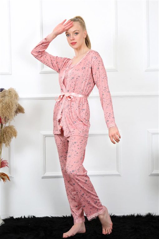 Moda Çizgi Kadın 3'lü Gül Kurusu Sabahlık Pijama Takım 16103