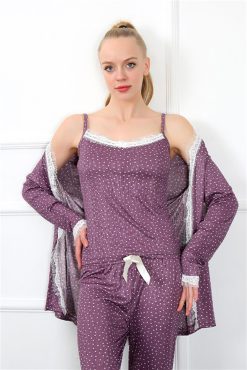 Moda Çizgi Kadın 3'lü Mürdüm Sabahlık Pijama Takım 16103