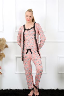 Moda Çizgi Kadın 3'lü Somon Sabahlık Pijama Takım 16103