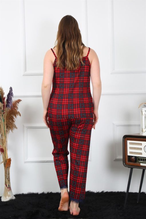 Moda Çizgi Kadın Büyük Beden Kırmızı Ekoseli İp Askılı Pijama Takım 202197