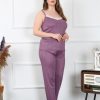 Moda Çizgi Kadın Büyük Beden Mürdüm İp Askılı Pijama Takım 202195