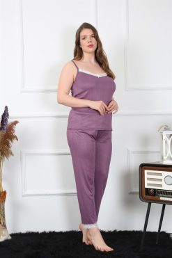 Moda Çizgi Kadın Büyük Beden Mürdüm İp Askılı Pijama Takım 202195