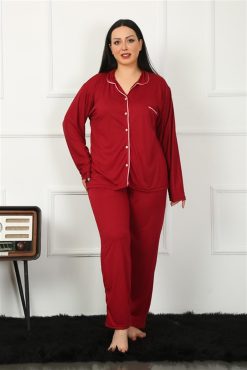 Moda Çizgi Kadın Büyük Beden Önden Düğmeli Bordo Pijama Takım 202185