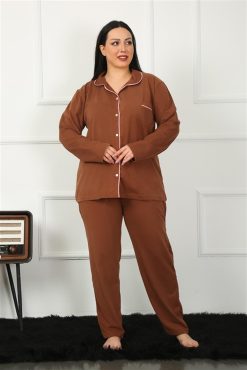 Moda Çizgi Kadın Büyük Beden Önden Düğmeli Kahve Pijama Takım 202185