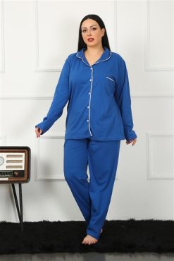 Moda Çizgi Kadın Büyük Beden Önden Düğmeli Parlement Pijama Takım 202185